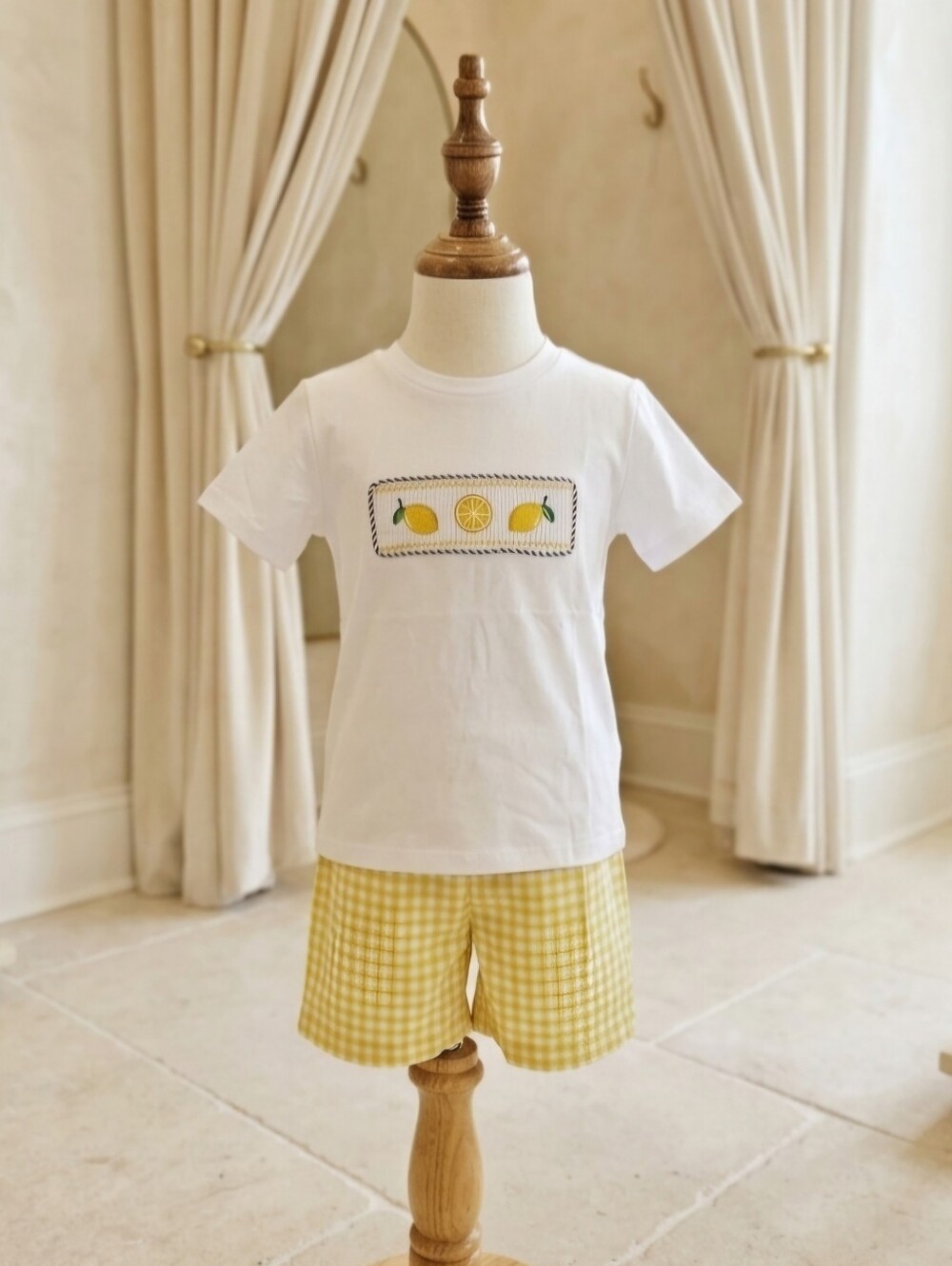 Lil Cactus White Smocked Lemons & Yellow Gingham Shorts Set Size 6Y